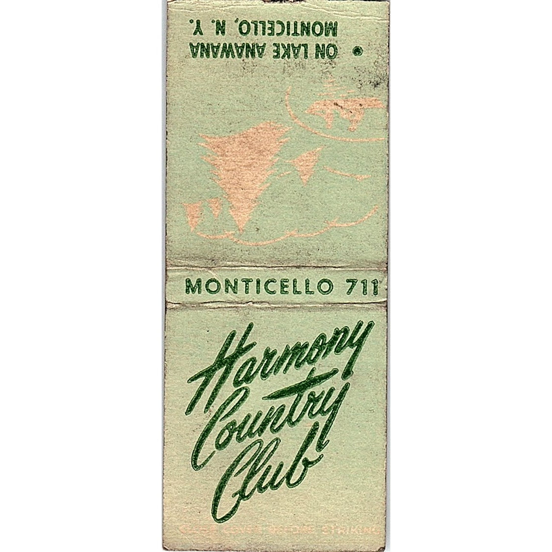 Harmony Country Club Lake Anawana Monticello NY Vintage Matchbook Cover SC7-Y1