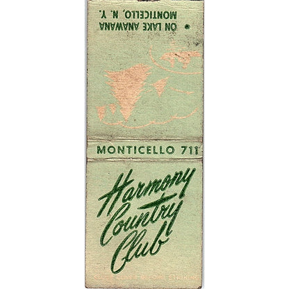 Harmony Country Club Lake Anawana Monticello NY Vintage Matchbook Cover SC7-Y1