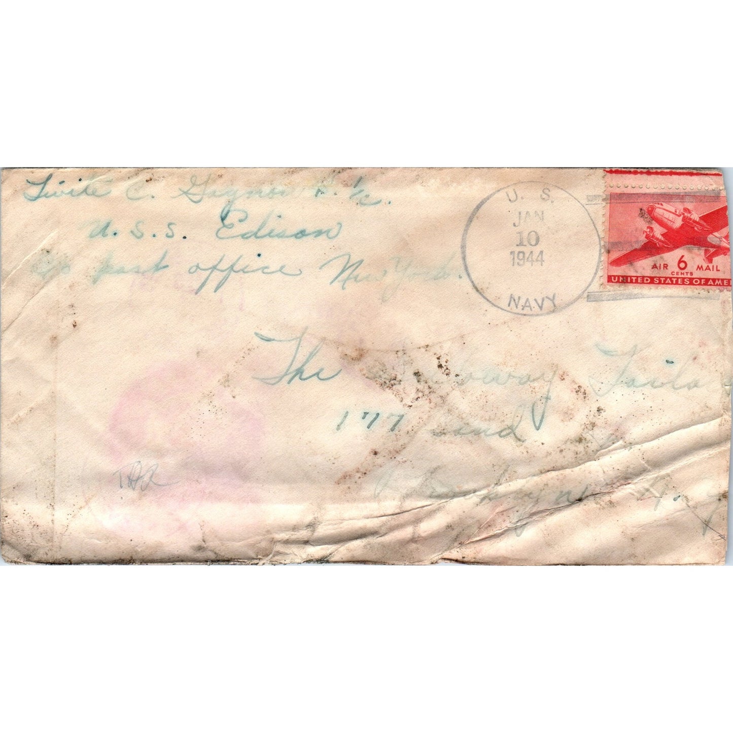 1944 WWII USS Edison Navy Postal Cover AB6-TZ