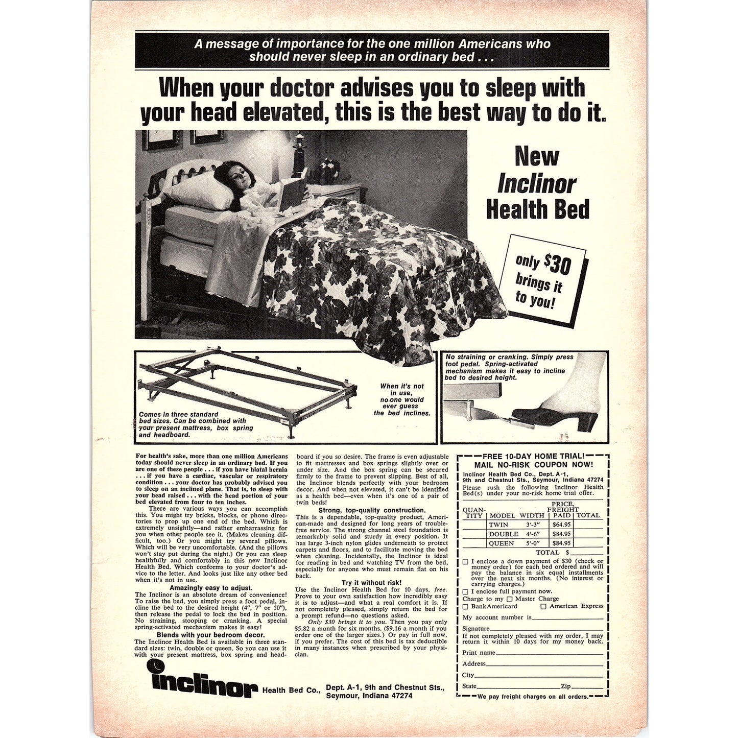 Inclinor Health Bed Co Seymour Indiana 1972 Ad AF3-13
