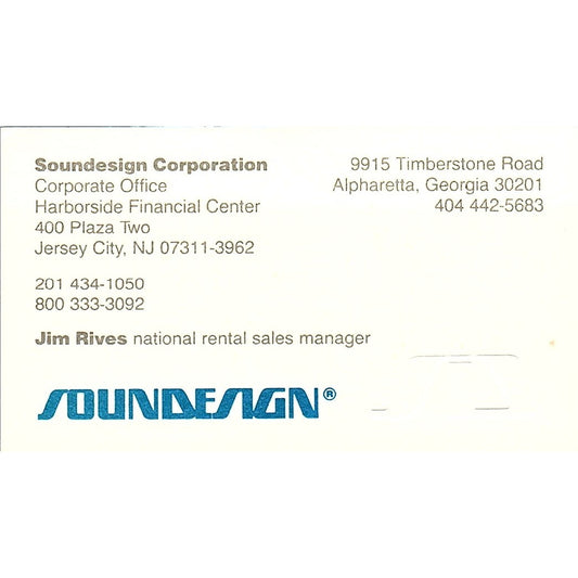Soundesign Corporation Jim Rives Alpharetta GA Vintage Business Card SC9-B9