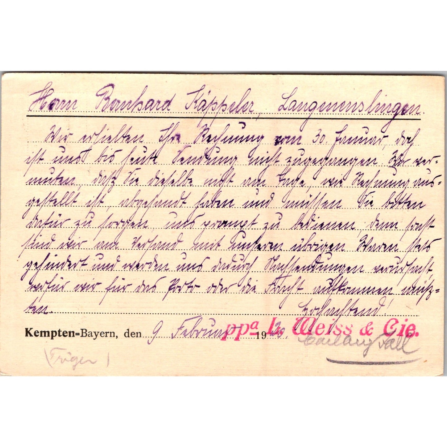 L. Weiss & Cie Kempten Langenenslingen 1920 German Reich Postcard P5-11