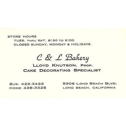 C&L Bakery Lloyd Knutson Long Beach Vintage Business Card SD9-B11