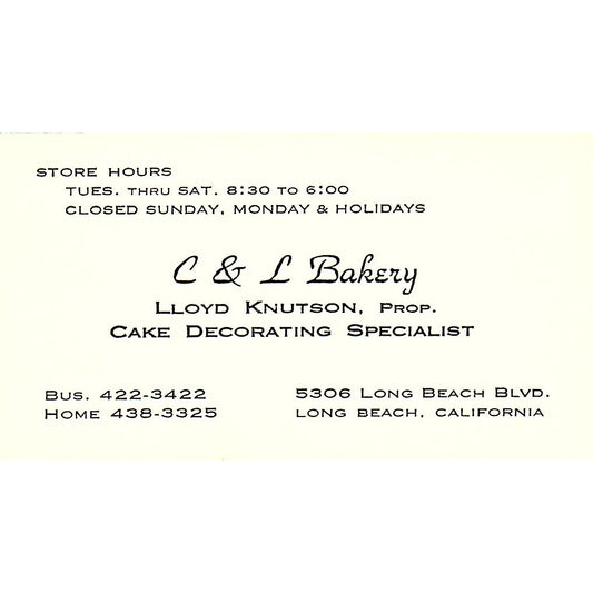 C&L Bakery Lloyd Knutson Long Beach Vintage Business Card SD9-B11
