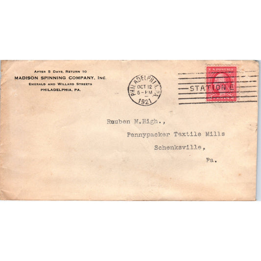 1921 Madison Spinning Company Inc Philadelphia Postal Cover Envelope TG7-PC1