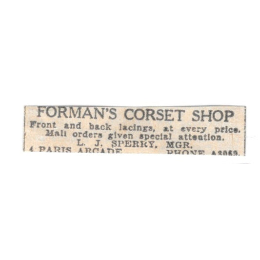 Forman's Corset Shop L.J. Sperry Winnipeg 1920 Ad AG2-S14