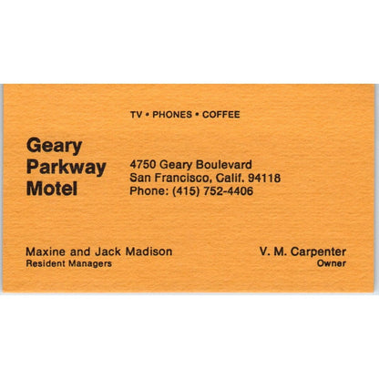 Geary Parkway Motel Jack Madison VM Carpenter San Francisco Business Card SE3-B1