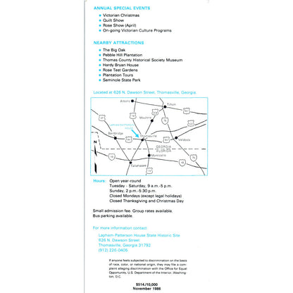 Vintage 1986 Lapham-Patterson House Historic Site Thomasville GA Leaflet TF4-B3