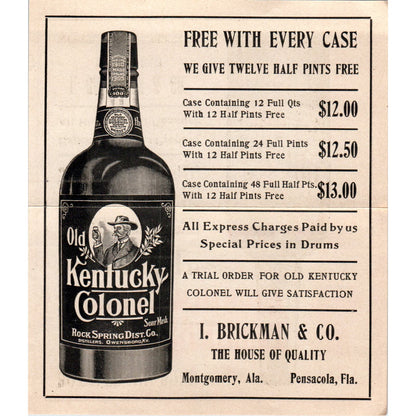 c1910 I. Brickman & Co. Advertisement Old Kentucky Colonel Hill and Hill AB9