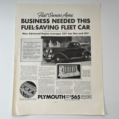 New Plymouth Business Coupe Fuel Saving Fleet Car Detroit 1935 Ad V1-5