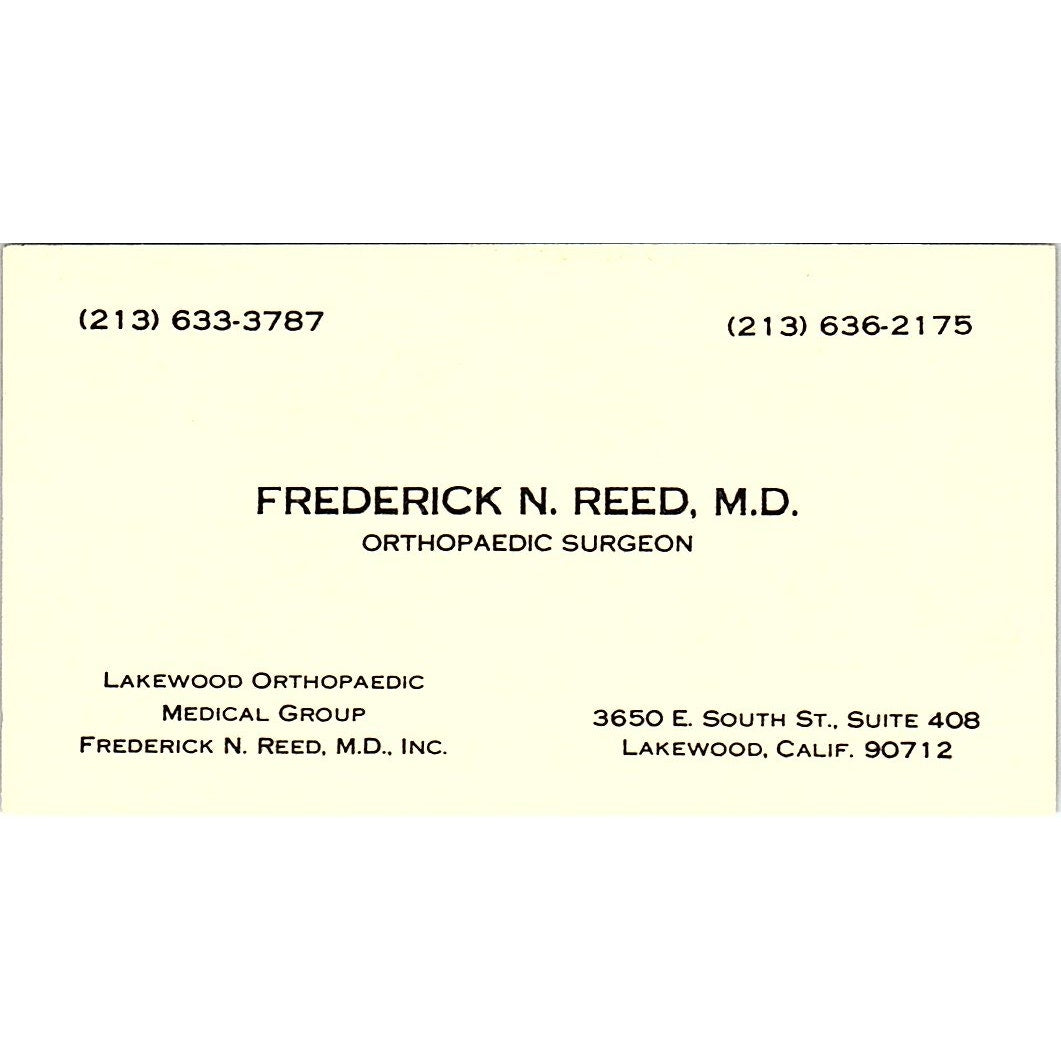 Orthopedic Surgeon Frederick N. Reed, M.D. Lakewood, CA Business Card SF3-B8