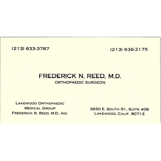 Orthopedic Surgeon Frederick N. Reed, M.D. Lakewood, CA Business Card SF3-B8