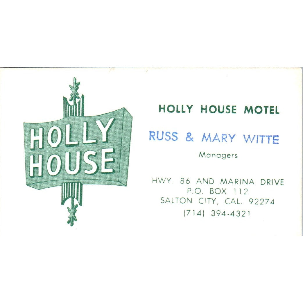 Holly House Motel Russ & Mary White Salton City CA Vintage Business Card SD8-B22