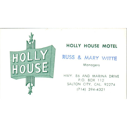 Holly House Motel Russ & Mary White Salton City CA Vintage Business Card SD8-B22