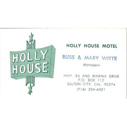 Holly House Motel Russ & Mary White Salton City CA Vintage Business Card SD8-B22