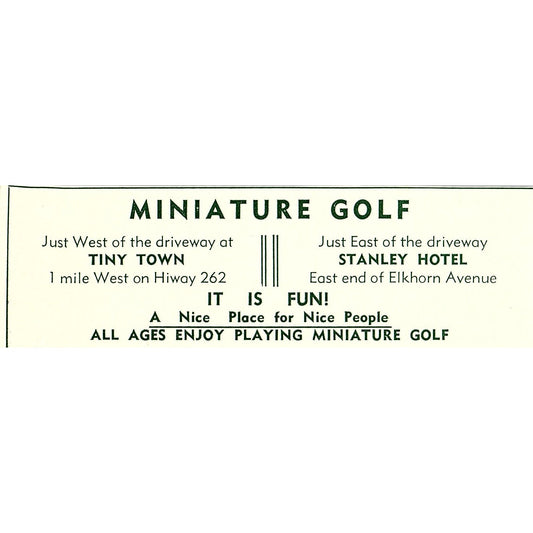 Tiny Town Miniature Golf, Baird Gift Shop 1957 Estes Park CO Ad AG4-M1
