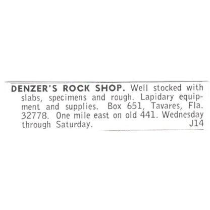 Denzer's Rock Shop Lapidary Supply Tavares Florida 1972 Ad AF8-S14