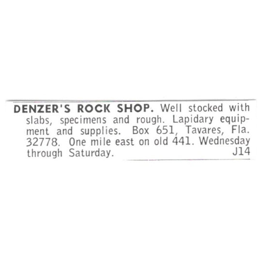Denzer's Rock Shop Lapidary Supply Tavares Florida 1972 Ad AF8-S14