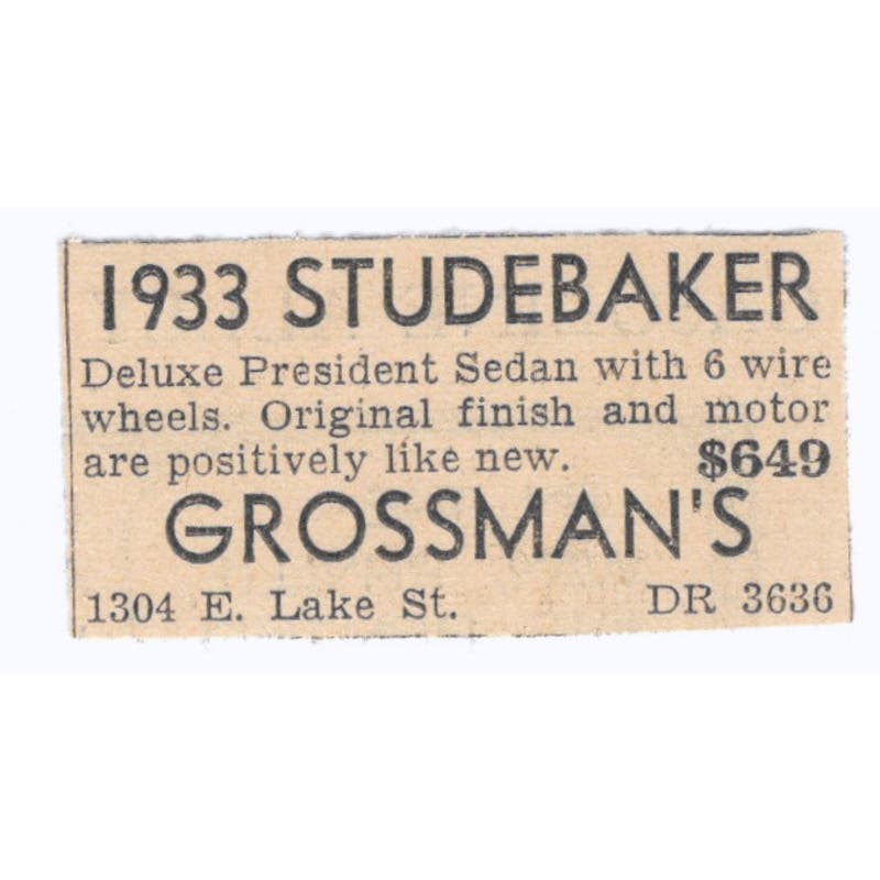 1933 Studebaker Grossman's East Lake Street 1935 Minneapolis Journal Ad AE7-H3