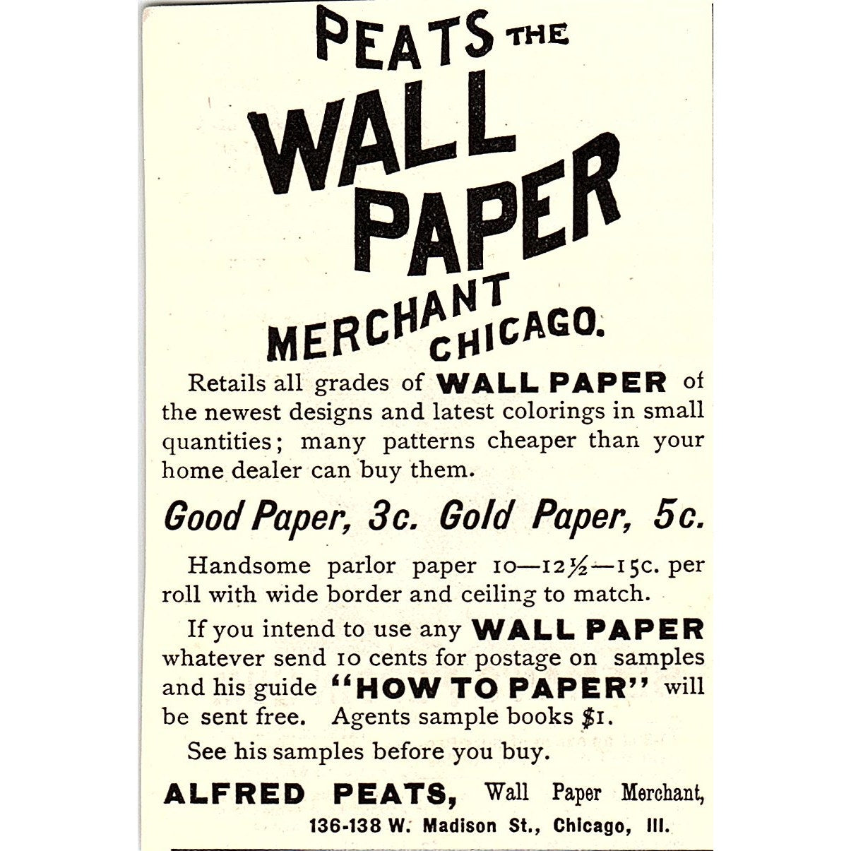 Peats Wall Paper - Alfred Peats Wallpaper Merchant Chicago 1892 Ad AG2-M11