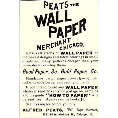 Peats Wall Paper - Alfred Peats Wallpaper Merchant Chicago 1892 Ad AG2-M11