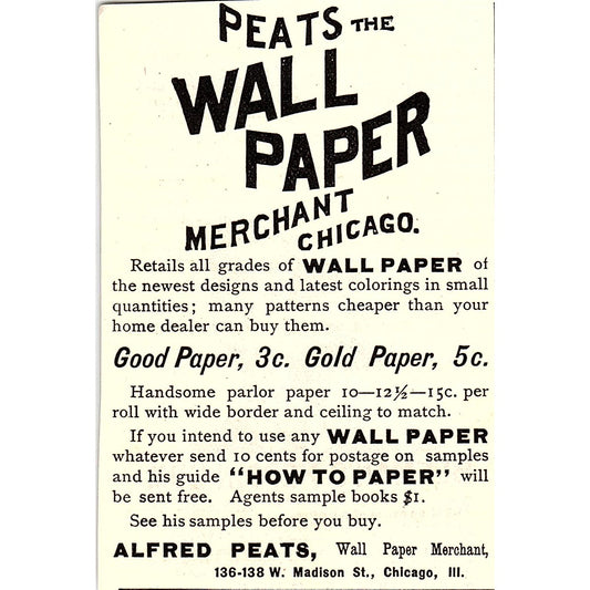 Peats Wall Paper - Alfred Peats Wallpaper Merchant Chicago 1892 Ad AG2-M11