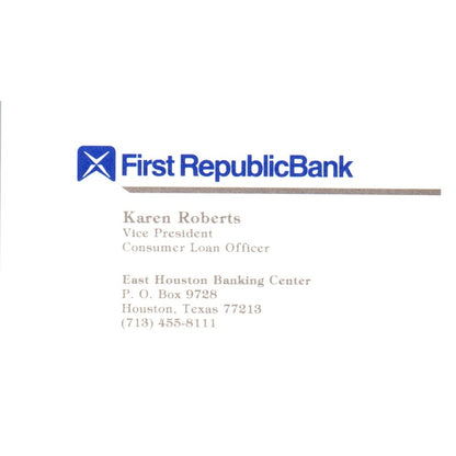 Karen Roberts First Republic Bank Houston TX Vintage Business Card SE3-B8