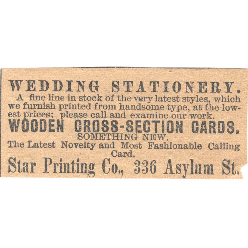 Star Printing Co Wedding Stationary Asylum St Hartford 1886 Newspaper Ad AF7-SS7