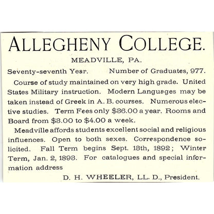 Allegheny College D.H. Wheeler LL.D. Meadville PA 1892 Ad AG2-H5