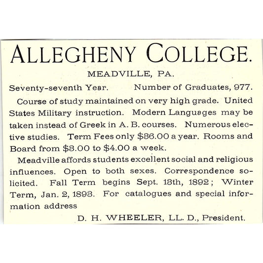 Allegheny College D.H. Wheeler LL.D. Meadville PA 1892 Ad AG2-H5