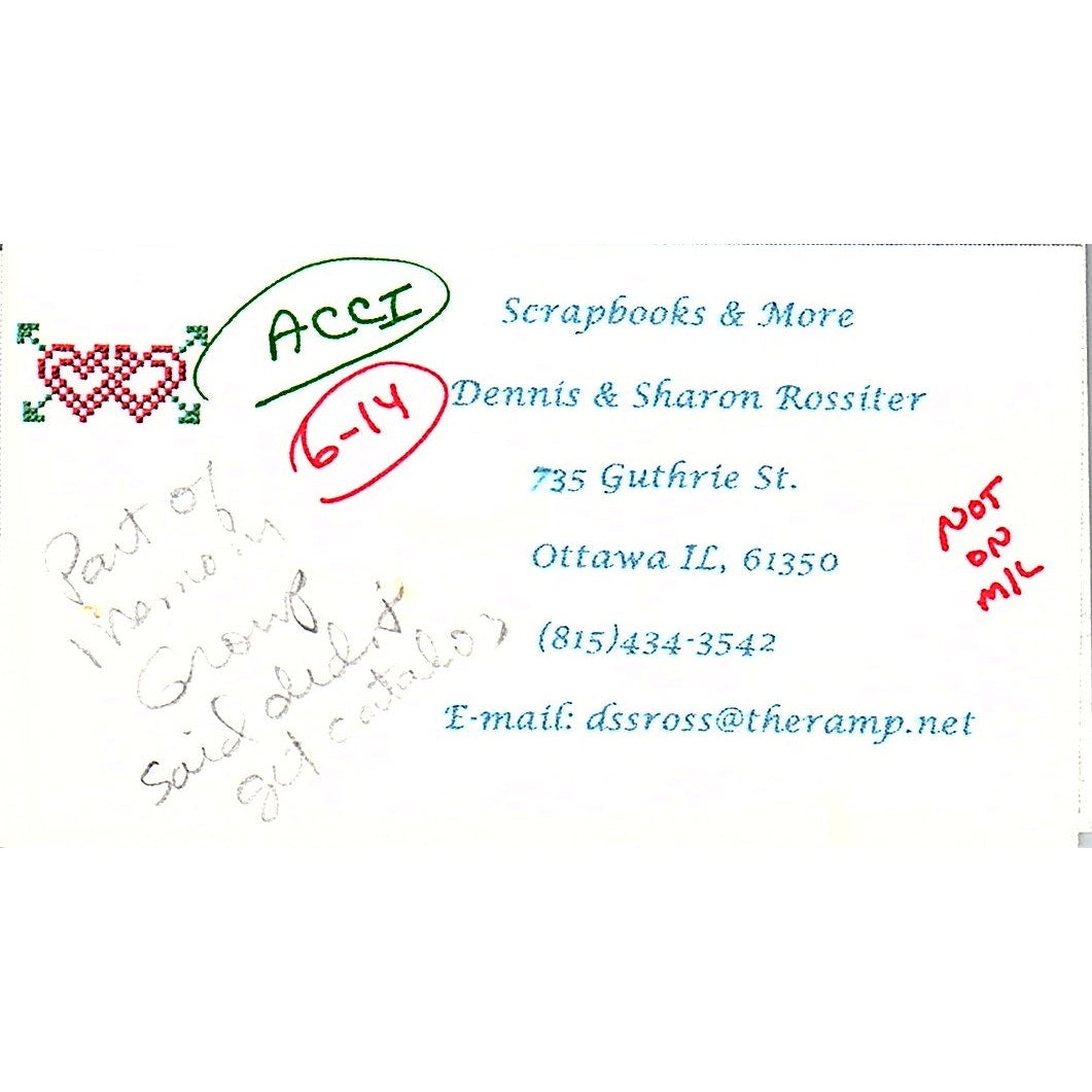 Scrapbooks & more Dennis & Sharon Rossiter Ottawa IL Vtg Business Card SC9-B9