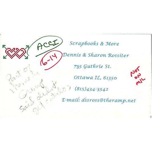 Scrapbooks & more Dennis & Sharon Rossiter Ottawa IL Vtg Business Card SC9-B9