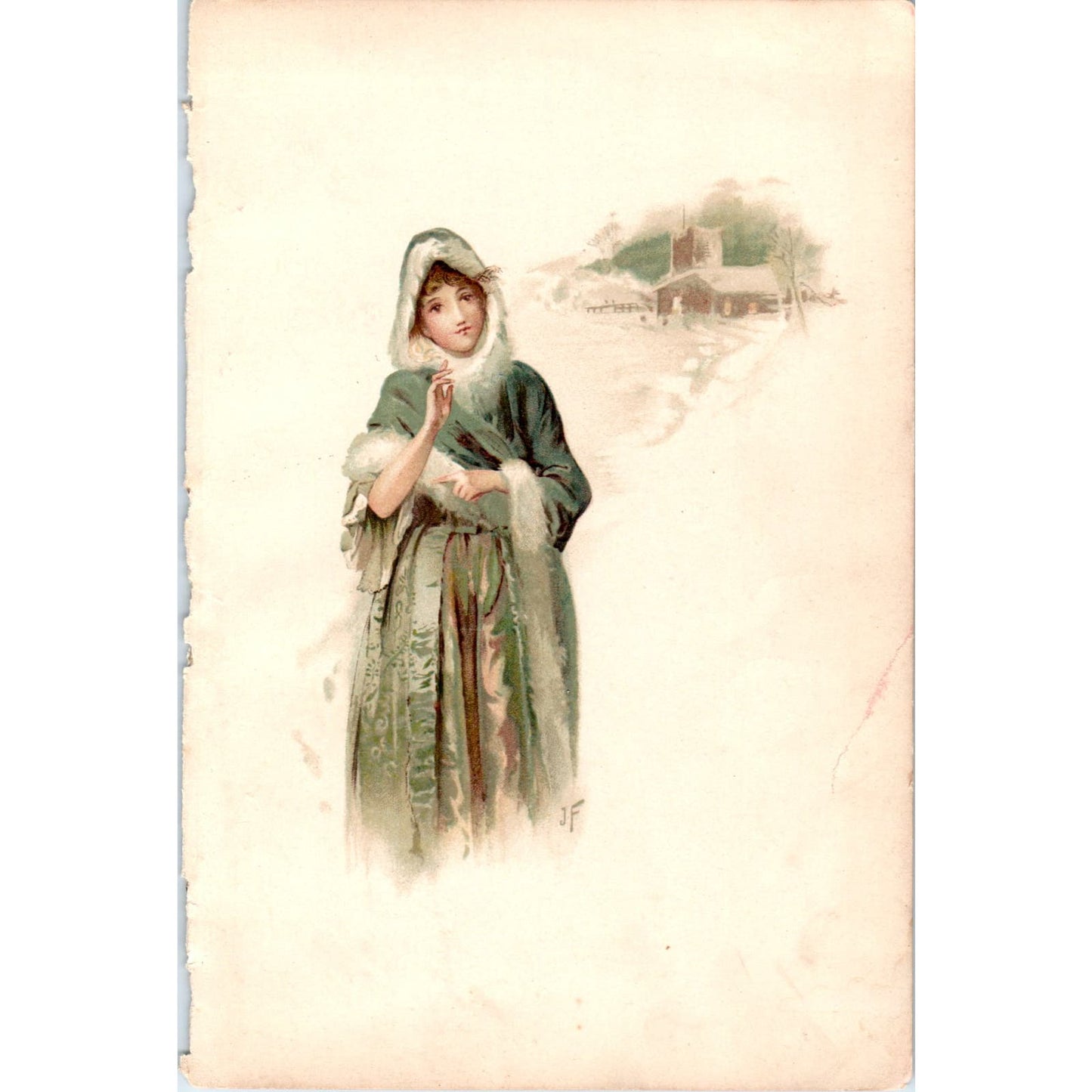 1800s Color Engraving Lady in Green Coat Near Church in Snow 4.75x6.5" AB9