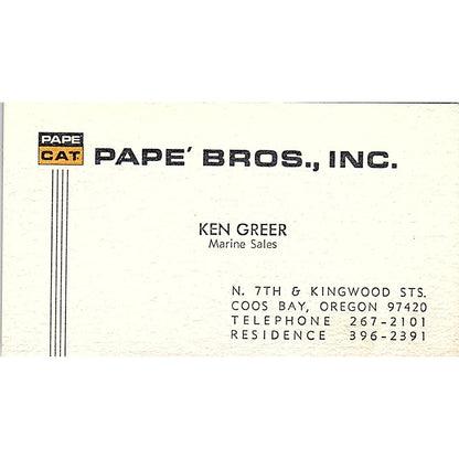 Ken Greer Pape Bros Inc Marine Sales Coos Bay OR Vintage Business Card SD9-B8