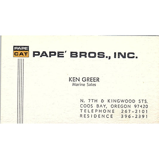 Ken Greer Pape Bros Inc Marine Sales Coos Bay OR Vintage Business Card SD9-B8