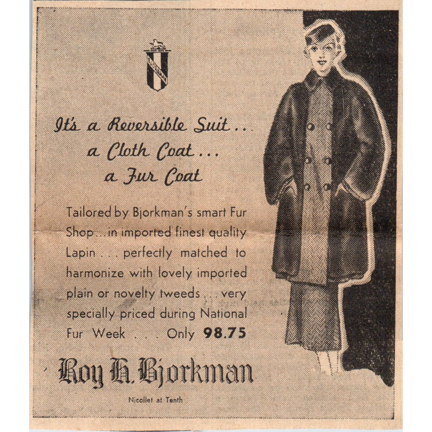 Roy Bjorkman Fur Coats Nicollet 3x4 1935 Minneapolis Journal Ad AE7-H1