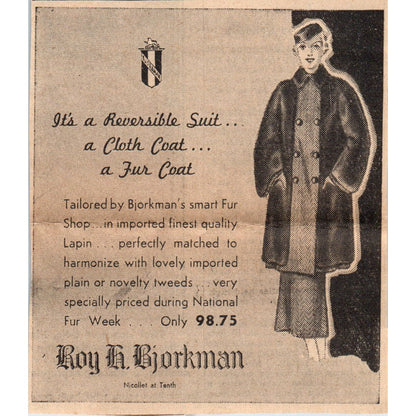 Roy Bjorkman Fur Coats Nicollet 3x4 1935 Minneapolis Journal Ad AE7-H1