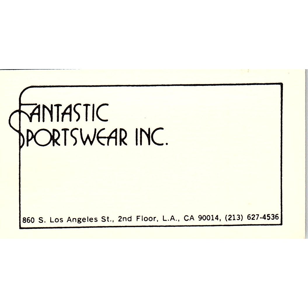 Fantastic Sportswear Inc Los Angeles CA Vintage Business Card SE5-B4