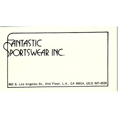 Fantastic Sportswear Inc Los Angeles CA Vintage Business Card SE5-B4