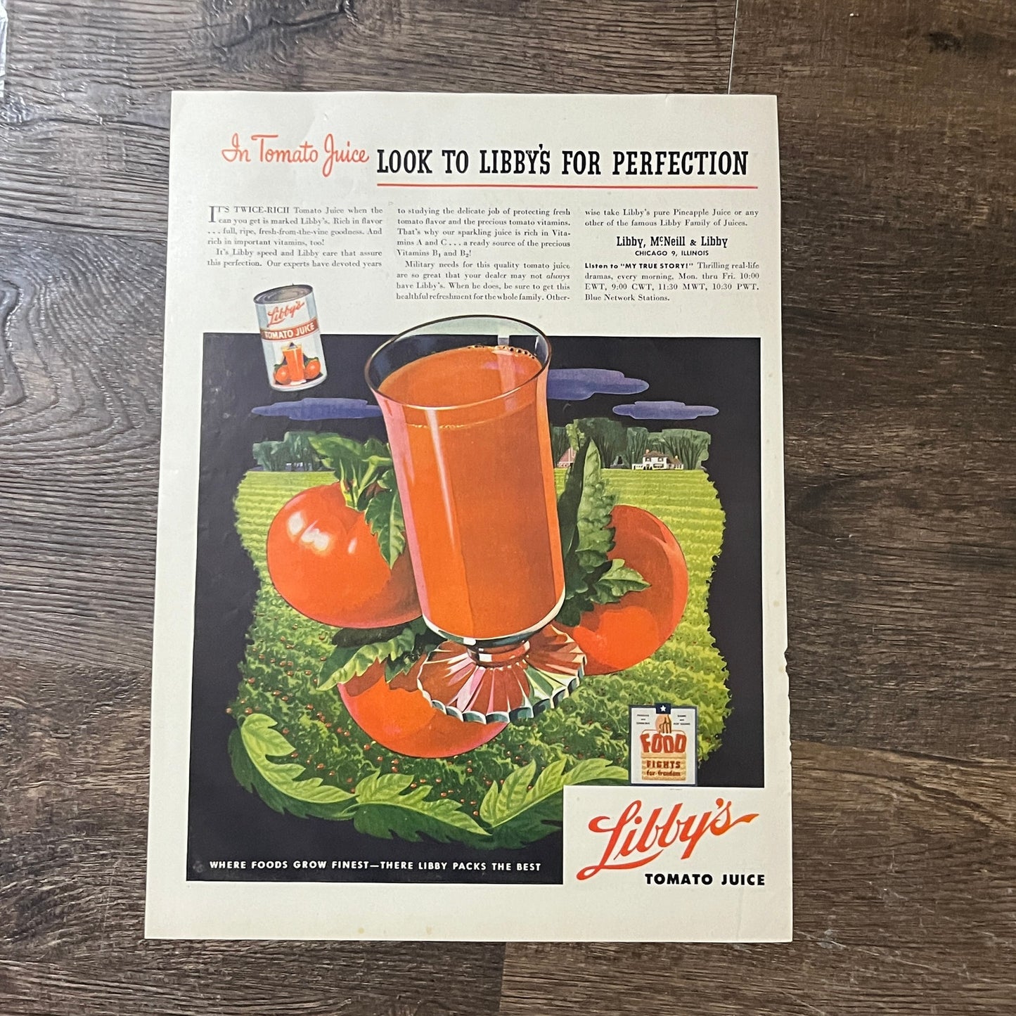 1940s Libby's Tomato Juice Libby, McNeill & Libby Vintage Magazine Ad 10x13 V8