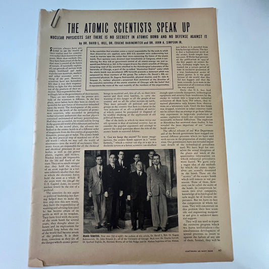Atomic Scientists Speak Up Hill Rabinowitz 2 Pages 1940s WWII Era Article V29-5