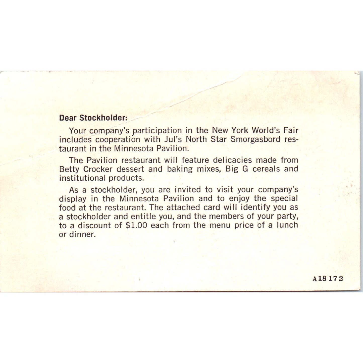 1964 World's Fair General Mills Stockholder Smorgasbord Betty Crocker Invite AE2