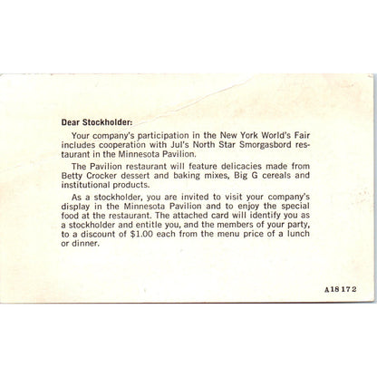 1964 World's Fair General Mills Stockholder Smorgasbord Betty Crocker Invite AE2