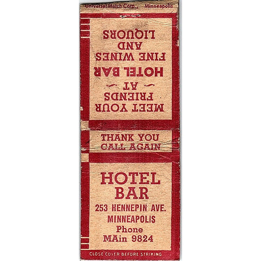 Hotel Bar 253 Hennepin Ave Minneapolis Vintage Matchbook Cover SC7-Y10