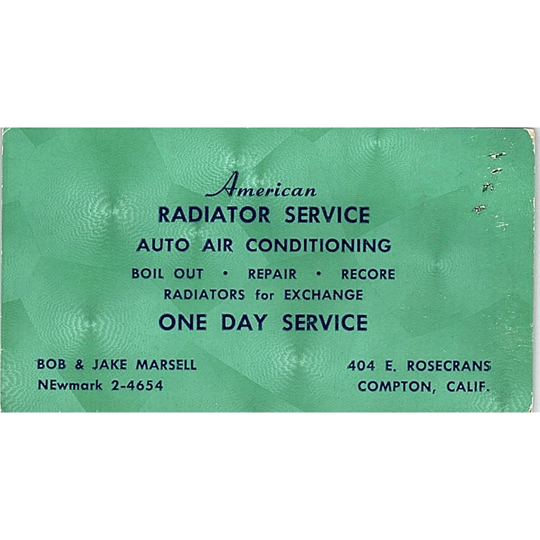 Bob & Jake Marsell American Radiator Service Compton CA Business Card SE3-B13