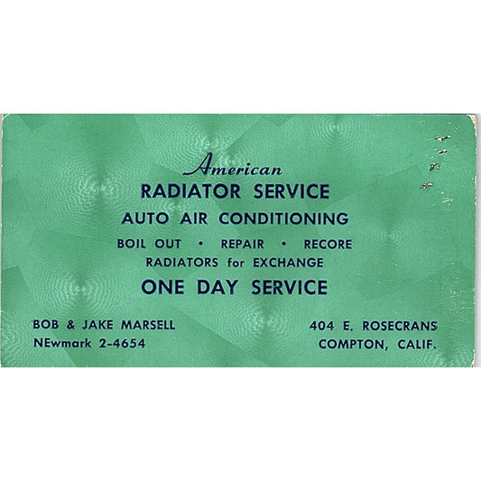 Bob & Jake Marsell American Radiator Service Compton CA Business Card SE3-B13