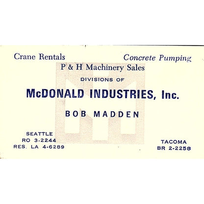McDonald Industries Inc. Bob Madden Res LA Vintage Business Card SB4-B4