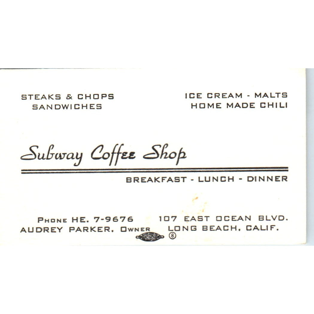 1966 Subway Coffee Shop Audrey Parker Long Beach CA Vintage Business Card SD8-B7