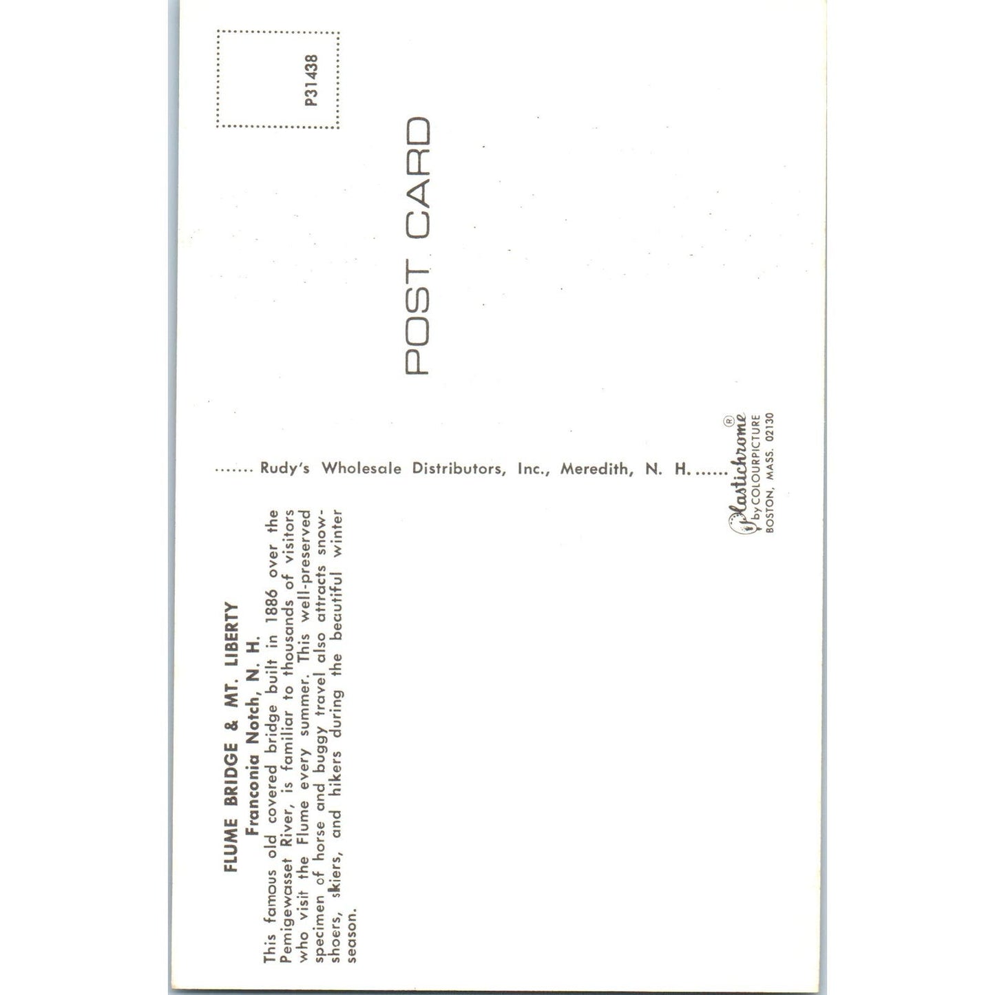 Flume Bridge Mt. Liberty Franconia Notch NH Vintage Covered Bridge Postcard PC11