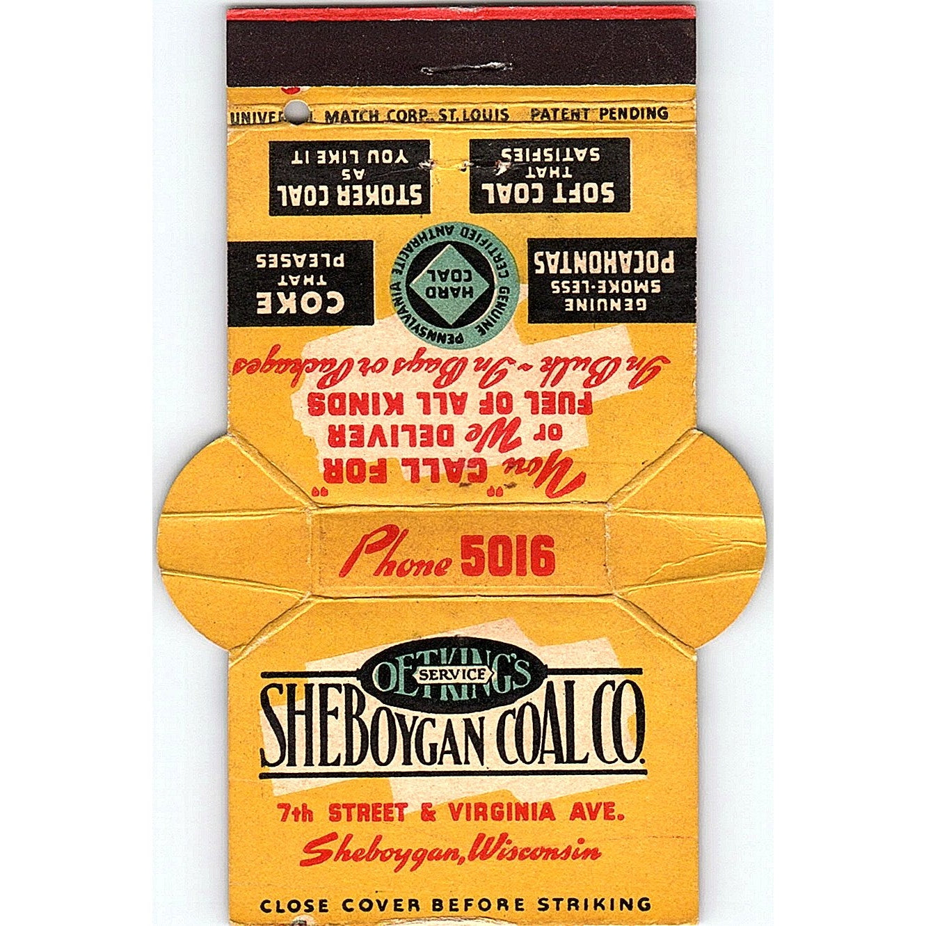 Sheboygan Coal Co Ietking's Cubed Coal WI Vintage Matchbook TB6-MB2-10